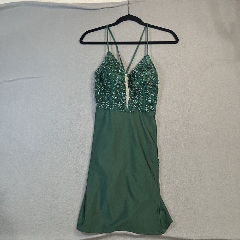 Shein Green Beaded Strappy Lace Back Mini Dress Holiday Homecoming Womens Sz XS